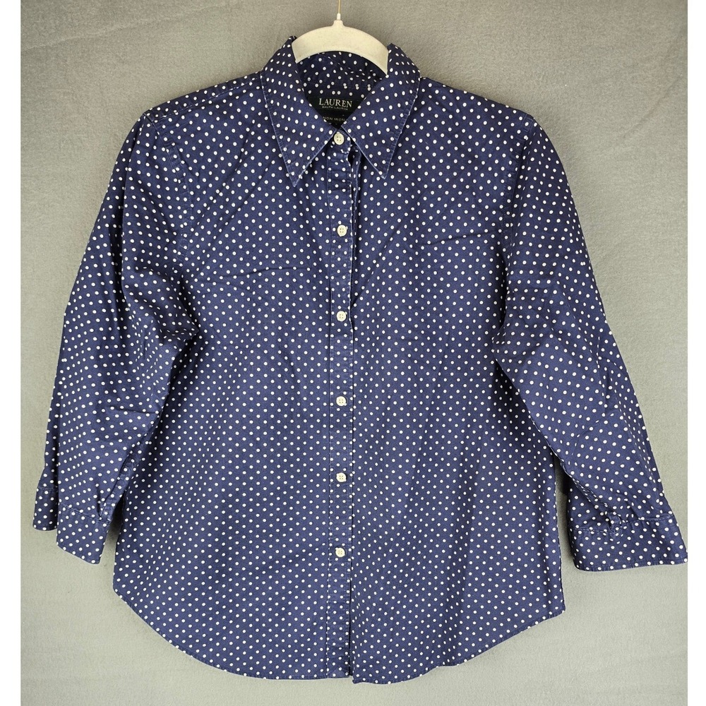 Lauren Ralph Lauren Shirt Womens PL Navy Polka Dot Non Iron Preppy Classic
